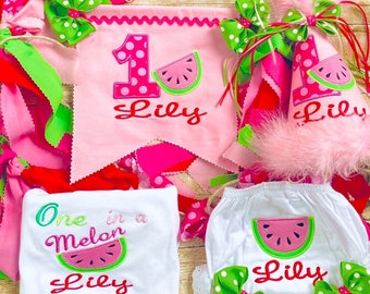 Watermelon Cake Smash Set,  4pc. Watermelon Birthday Hat, Watermelon Bodysuit, Watermelon Banner, Watermelon Birthday, TUTU