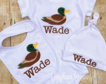 Mallard SET, Newborn Set, 3 Pc. Bodysuit, Bib, and Hat.  Baby Shower Gift, Home From The Hospital Gift, Christmas Gift.