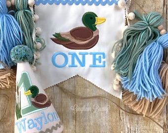 One Lucky Duck Birthday, 2 Pc. Mallard Birthday Set, one lucky duck theme, mallard duck theme.  Hat and Banner.