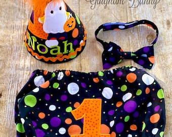 Halloween Cake Halloween Birthday Set, 3 Pc. Set. Hat, Bow tie and Diaper Cover.  Trick or Treat Hat, Halloween Birthday Outfit, Halloween