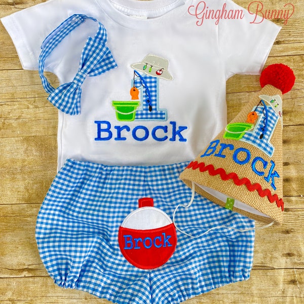 Fishing Cake Smash, Fishing Birthday Hat, Shirt, Tie and Diaper Cover, and Banner.   5 Pc. Set, Fishing 1st Birthday, Baby Boy Fishing Hat