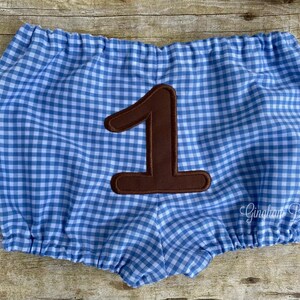 May include: Blue and white gingham baby bloomers with a brown felt number one appliqu&eacute;.