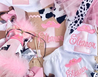 My FIRST RODEO Birthday, 6 Pc. SET, Cowgirl Birthday,  First Rodeo Hat, Shirt or Onesie, Bib, Bloomers, Tutu, and First Rodeo Banner.