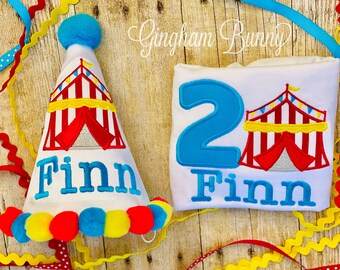 Circus Birthday Hat, and Shirt,  2 Pc., Carnival Birthday Hat,  Happy Birthday Hat, You Choose Colors, Circus Cake Smash,