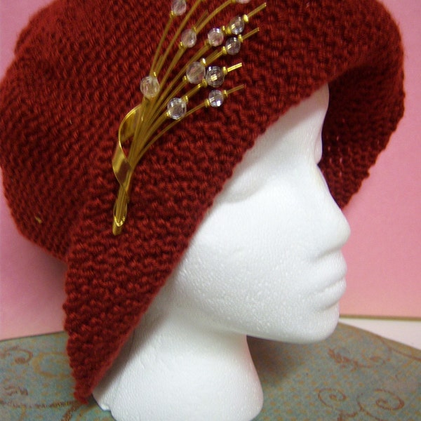 Hand Crocheted Rumple Top Cloche With Vintage Brooch