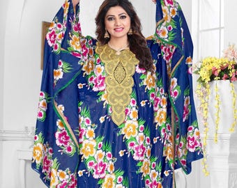 Rayon Blauer Blumen Gedruckter Strass Kaftan mit Schal für Frauen - Bestickter Ausschnitt, Party Tragen Kaftan