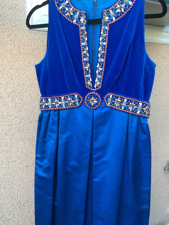 Blue Satin Velvet Evening Gown