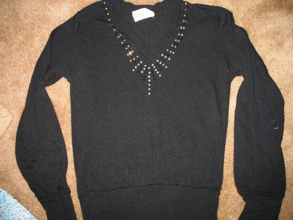 Vintage 1970s black sweater with rhinestones and … - image 1