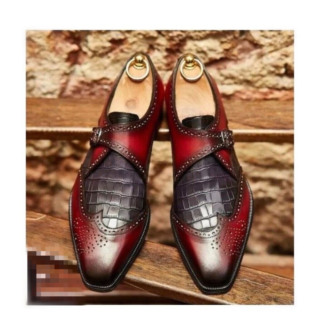 Golden Pass Crocodile Print Blue Monk Buckle Leather Sole Men's Shoes