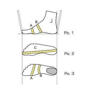 Puede incluir: Diagrama que muestra c&oacute;mo medir un pie para el tama&ntilde;o del zapato. Tres im&aacute;genes muestran el pie con cintas m&eacute;tricas amarillas etiquetadas como A, B y C. La imagen 1 muestra el pie con la cinta m&eacute;trica alrededor de la bola del pie. La imagen 2 muestra el pie con la cinta m&eacute;trica alrededor del arco del pie. La imagen 3 muestra el pie con la cinta m&eacute;trica alrededor del tal&oacute;n.