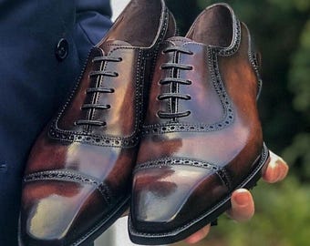 Handmade Leather Wingtip Brogue Shoes: Shaded Brown Oxford Style