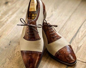 Scarpe Oxford bicolore in pelle fatte a mano: scarpe eleganti con punta a coda di rondine marroni e marrone chiaro