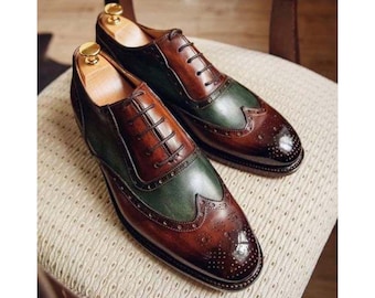 Zapatos Oxford de piel bicolor con punta de ala hechos a mano: marrón y verde