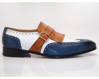 Scarpa Oxford in pelle multicolore fatta a mano: punta a coda di rondine con fibbia