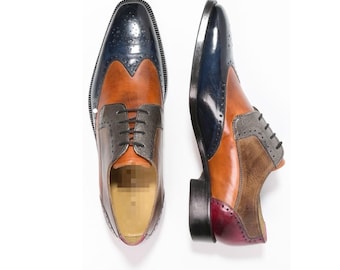 Scarpe Oxford da uomo fatte a mano in pelle multicolore con punta a coda di rondine