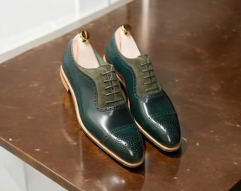 Handmade Green Leather Brogue Shoes: Men's Wingtip Oxford Dress Shoes