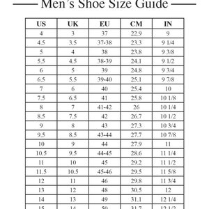 Puede incluir: Una tabla de conversi&oacute;n de tallas de zapatos para hombres en tallas US, UK, EU, cent&iacute;metros y pulgadas.