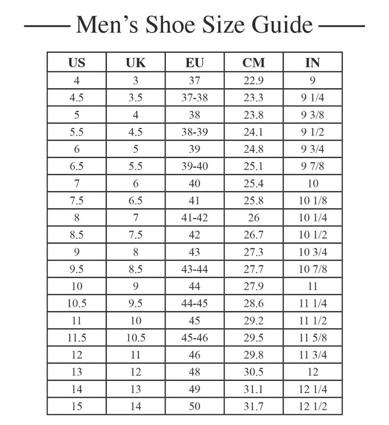 Puede incluir: Una tabla de conversi&oacute;n de tallas de zapatos para hombres en tallas US, UK, EU, cent&iacute;metros y pulgadas.