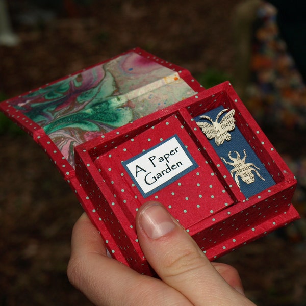 miniature hand bound  book and box with hinged lid