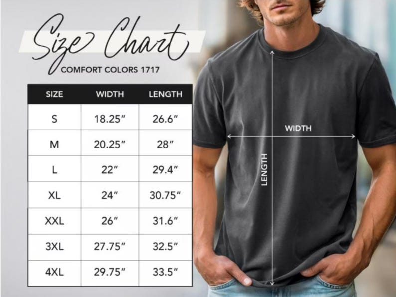 May include: A size chart for Comfort Colors 1717 t-shirts. The chart displays sizes S to 4XL, with corresponding measurements for width and length in inches. A person is wearing a dark gray t-shirt, with arrows indicating width and length.