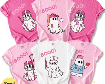 Custom Breast Cancer Awareness Comfort Colors® T-Shirt, Halloween Ghost Sport Pink Ribbon Shirt