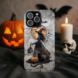 Halloween Witch Phone Case, Spooky Pumpkin Black Cat iPhone Samsung Pixel Cover, Gothic Witchy  Magsafe Case