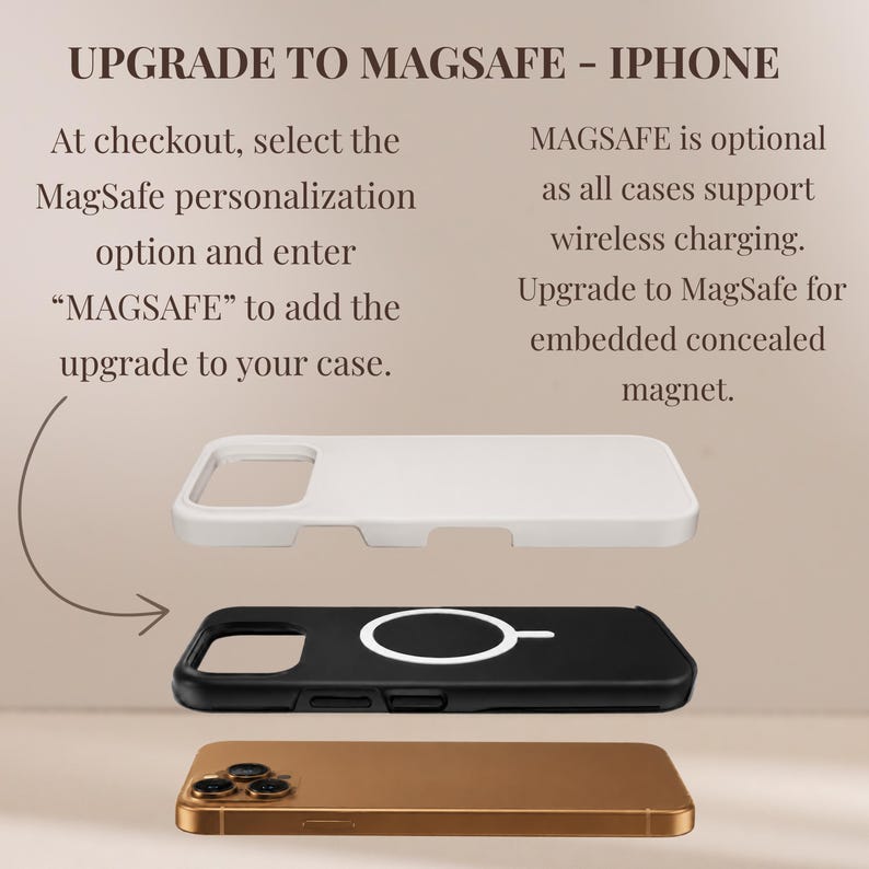 May include: A white phone case, a black phone case with a white MagSafe ring, and a gold smartphone are stacked vertically. Text reads: UPGRADE TO MAGSAFE - IPHONE. At checkout, select the MagSafe personalisation option and enter MAGSAFE to add the upgrade to your case. MAGSAFE is optional as all cases support wireless charging. Upgrade to MagSafe for embedded concealed magnet.