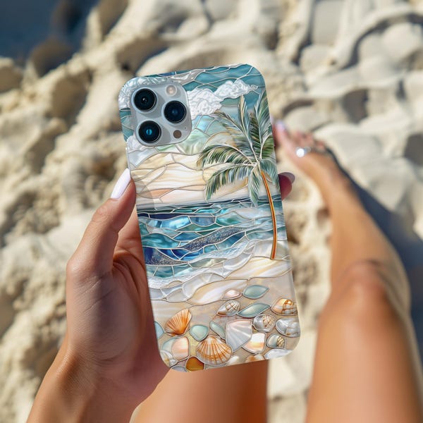 Capa para celular com efeito de vitral e ondas do oceano: Ideal para iPhone 17, Galaxy S26 e Pixel.