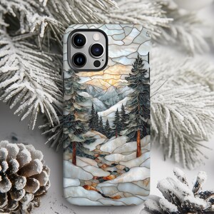 Custodia per telefono Winter Pine Forest / Effetto vetro colorato Design montagna innevata / iPhone 12 13 14 15 16 Plus Pro Max, Samsung
