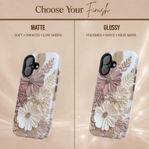 May include: Two phone cases featuring a floral design in shades of cream, beige, and dusty rose. The left case is labelled Matte with the text Soft, Smooth, Low Sheen. The right case is labelled Glossy with the text Polished, Shiny, High Shine.