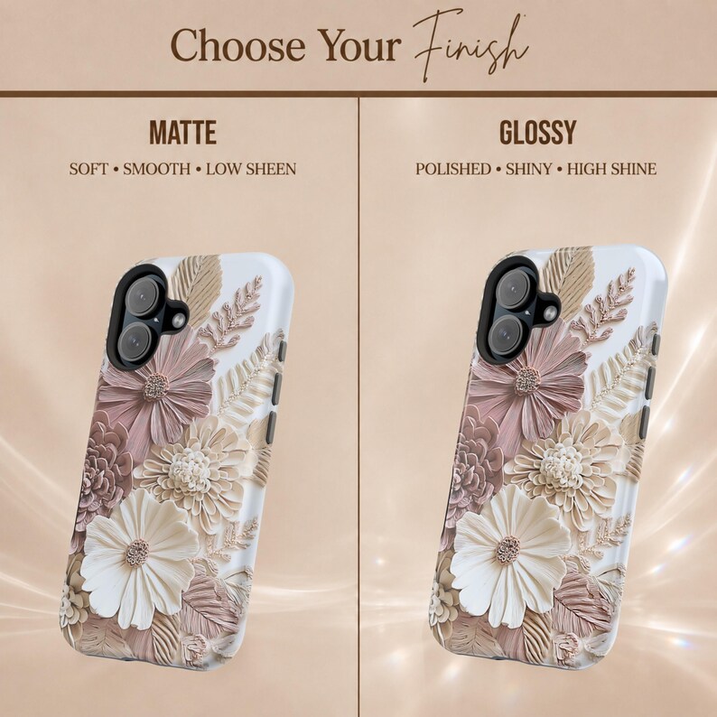 May include: Two phone cases featuring a floral design in shades of cream, beige, and dusty rose. The left case is labelled Matte with the text Soft, Smooth, Low Sheen. The right case is labelled Glossy with the text Polished, Shiny, High Shine.