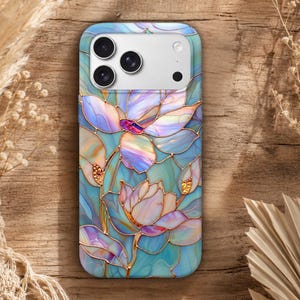 Lotus Stained Glass iPhone Case, Aqua Gold Floral MagSafe Cover