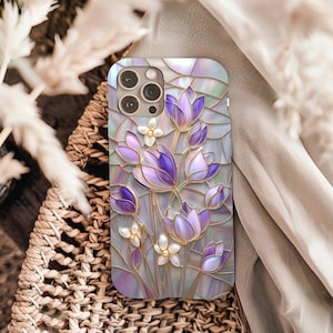Floral Pearl Stained Glass Case, iPhone 15, MagSafe Compatible, Pastel Purple Cover, Gold Flower Design