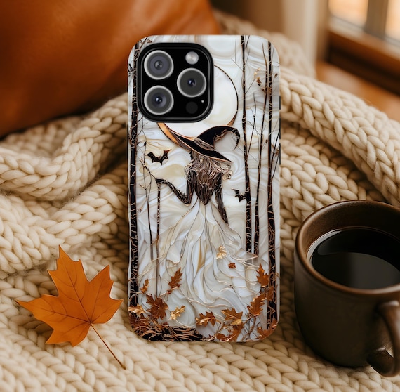Witch Phone Case: Faux Stained Glass Gothic Halloween, Protective Cover for iPhone 17 16 Galax S25 Ultra & Pixel 9, Magsafe