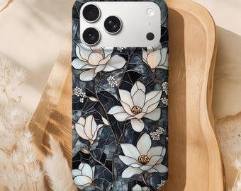 Magnolia Floral Phone Case, Stained Glass Aesthetic iPhone Case, Pearl Botanical Cover, Elegant Flower Case for iPhone Samsung Pixel