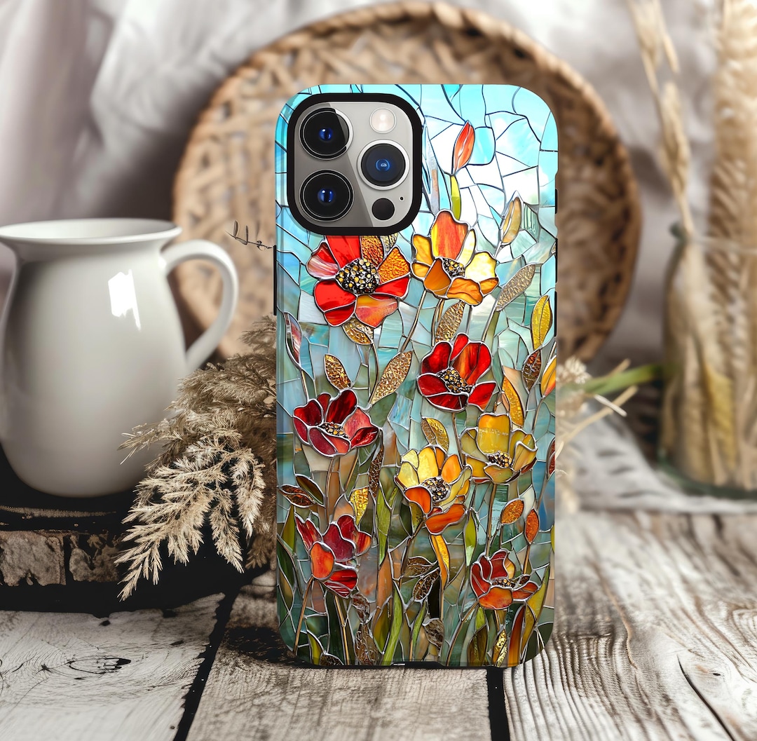 Stained Glass Poppy Phone Case, Red Floral Botanical iPhone Samsung ...