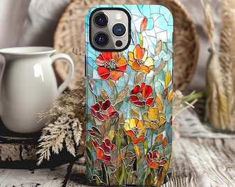 Custodia per telefono con papavero in vetro colorato, cover per iPhone Galaxy con motivo botanico floreale rosso, design artistico con fiori di campo, custodia ispirata alla natura