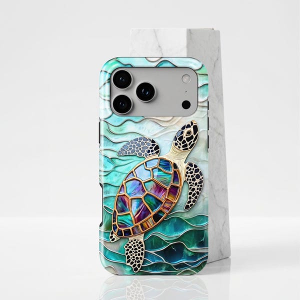 Sea Turtle Phone Case, Stained Glass Mosaic iPhone 18, Galaxy Pixel Cover, Coastal Gift