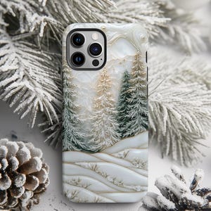 Custodia per telefono "Foresta Invernale" / Cover per telefono con motivo "Pini innevati in marmo" / Cover per telefono con effetto estetico dorato / iPhone 16+ Pro Max, S24 Plus Ultra, Pixel 8 6 Pro