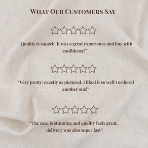 May include: Image shows customer reviews with star ratings. Text includes: "Quality is superb. It was a great experience and buy with confidence!" and "The case is stunning and quality feels great, delivery was also super fast."