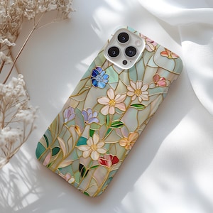 Floral Stained Glass Effect Magsafe Case | Rose Gold and Pastel Colored Wildflowers | iPhone 17 16 15 14 13 Pro Max Mini