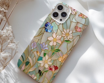 Floral Stained Glass Effect Magsafe Case | Rose Gold and Pastel Colored Wildflowers | iPhone 17 16 15 14 13 Pro Max Mini