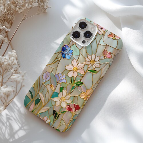 Floral Stained Glass Effect Magsafe Case | Rose Gold and Pastel Colored Wildflowers | iPhone 17 16 15 14 13 Pro Max Mini