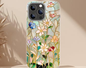 Floral Stained Glass Effect iPhone 16 Pro Plus  | Rose Gold and Pastel Colored Wildflowers | Galaxy S25, Pixel 9 | Botanical Gift