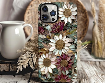 Mosaic Sunflower Floral iPhone Case | Vintage Botanical MagSafe Cover | Cute Aesthetic Phone Case for iPhone 17-13 Pro Max