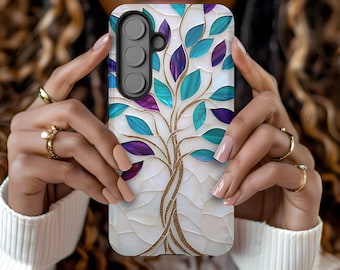 Mosaic Tree of Life Phone Case: Teal Gold Mother of Pearl Design for iPhone Galaxy Pixel