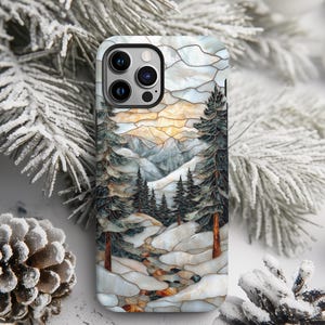 Custodia Magsafe Winter Pine Forest / Effetto vetrate colorate Design montagna innevata / iPhone 16, 15 14 13 Pro Max Mini