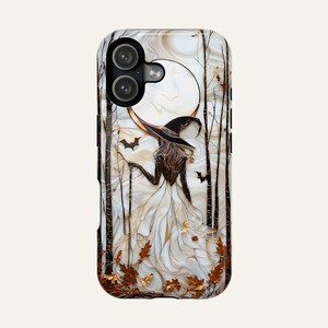 May include: A phone case with a witch design, featuring a witch in a white dress and black hat, set against a full moon and trees. Includes bats and autumn leaves, with a marbled background.