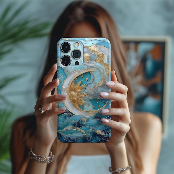 Celestial Ocean Phone Case Gold Sun Moon Waves iPhone Case Turquoise Cosmic Aesthetic Cover Galaxy Star Luxury Phone Case for iPhone Samsung