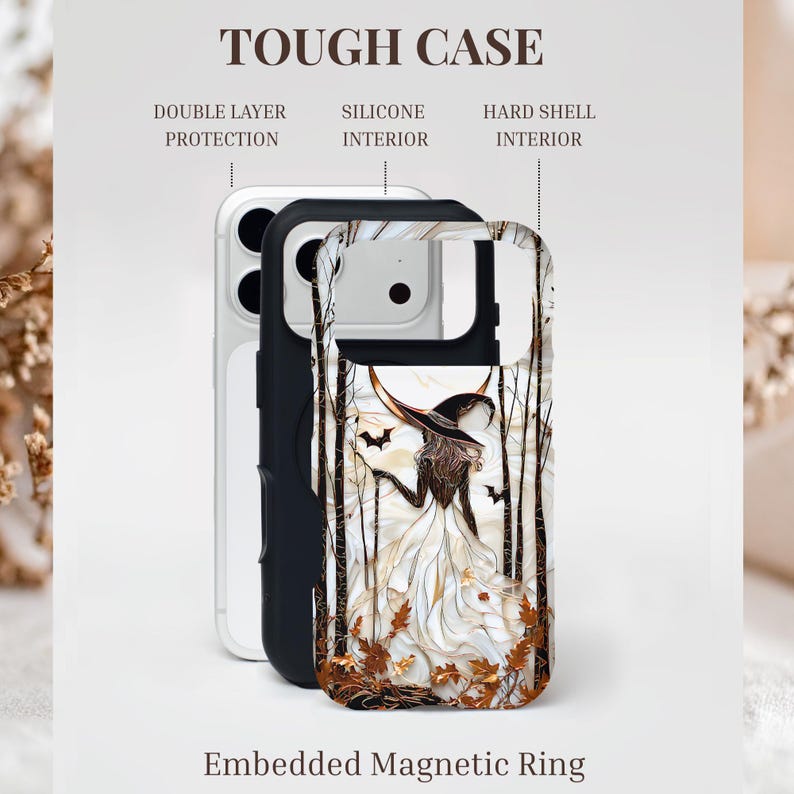 May include: A phone case with a witch design. The case has a black silicone interior and a hard shell exterior. The witch illustration is in a forest setting with bats and autumn leaves. The text "TOUGH CASE" is at the top.